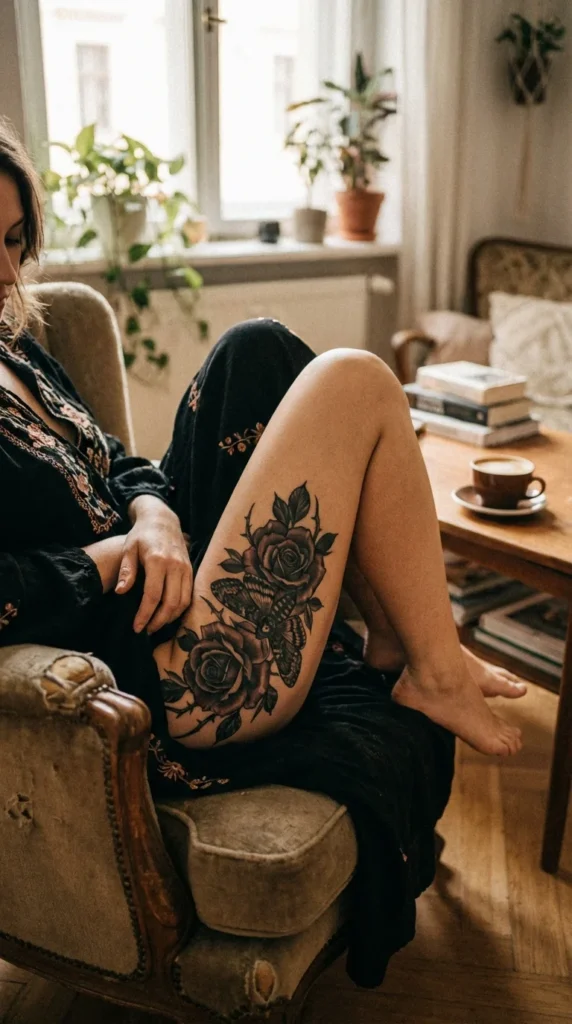 gothic dark floral moth tattoo thigh