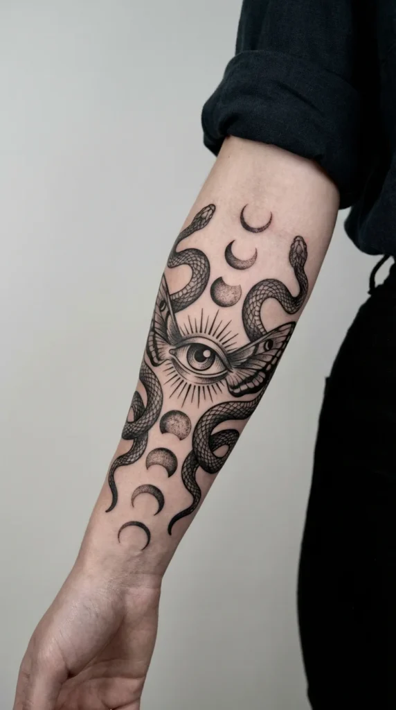 gothic sleeve tattoo women third eye