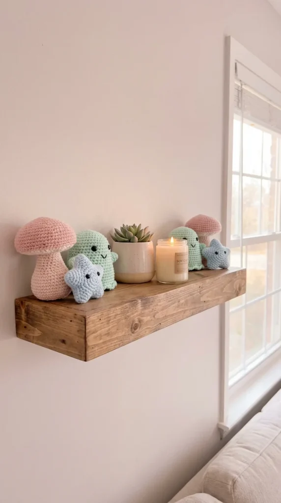 kawaii crochet amigurumi shelf decor