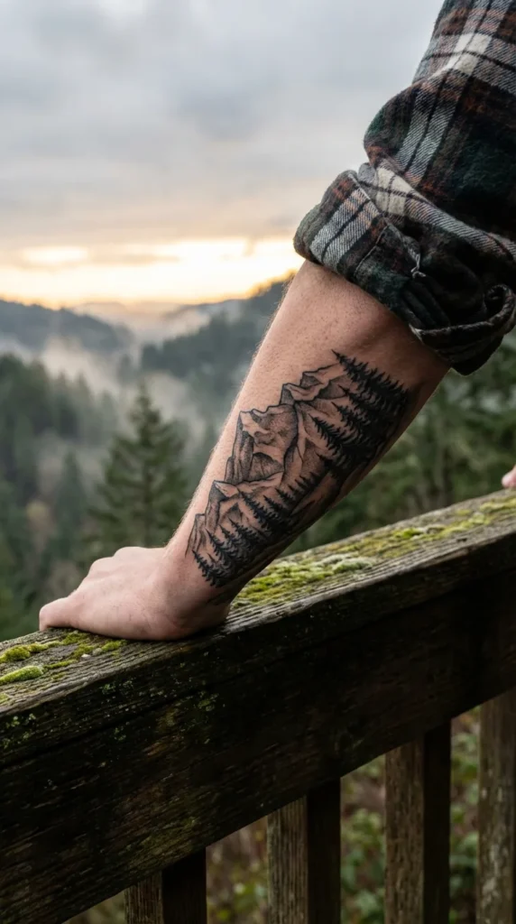 landscape forearm grey tattoo