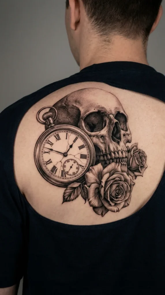 memento mori clock portrait tattoo