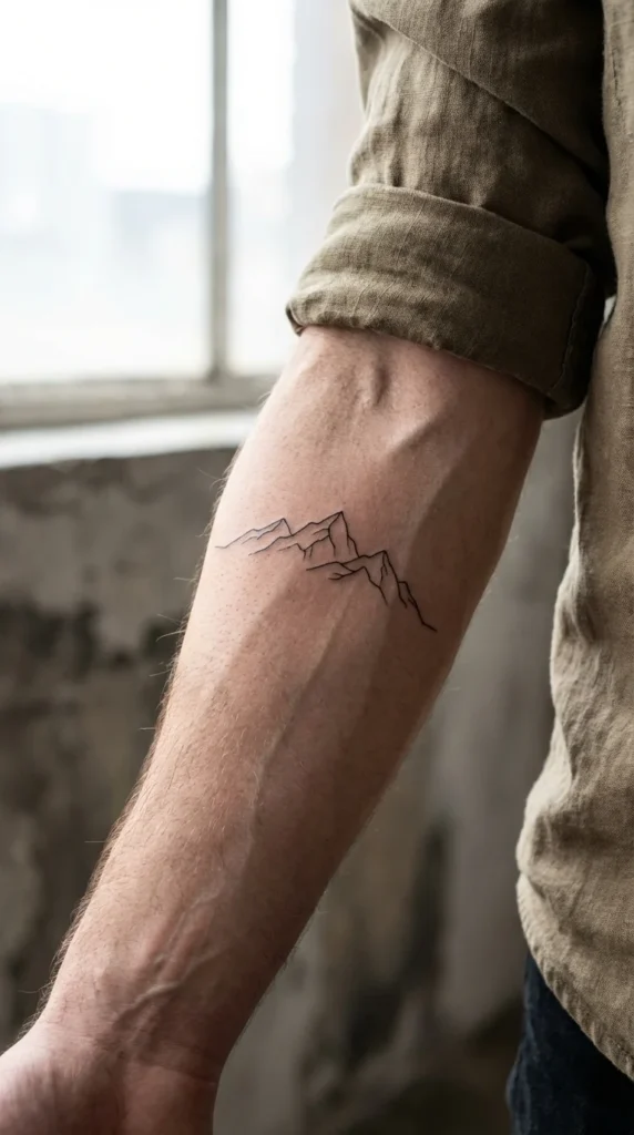 minimalist mountain forearm tattoo men