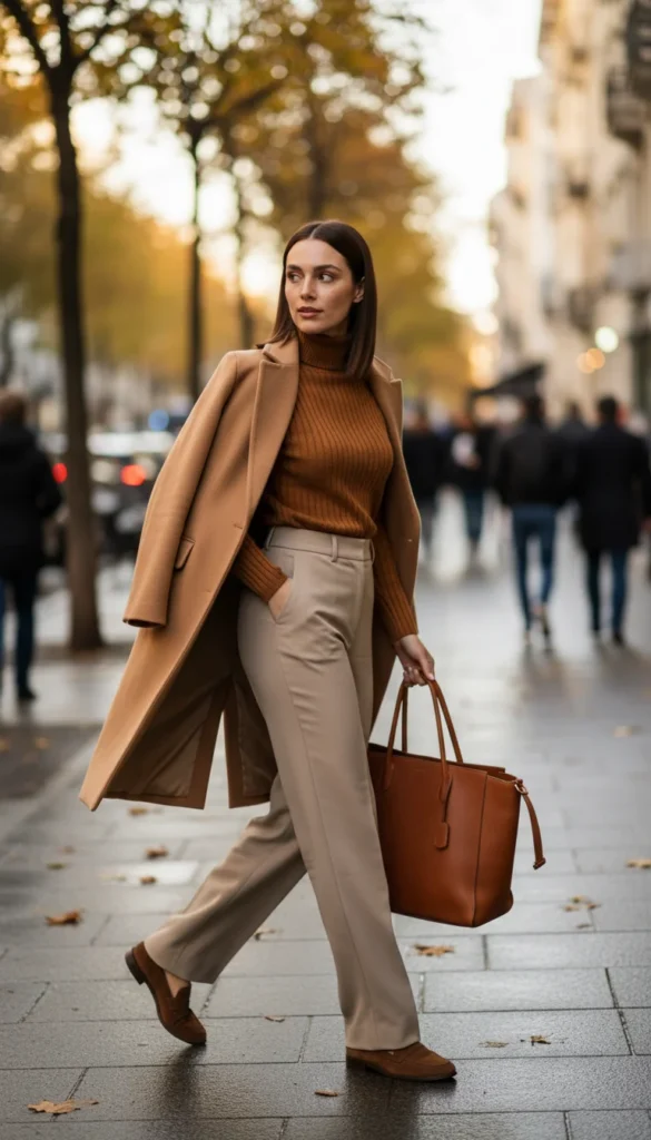 monochrome camel corporate outfit