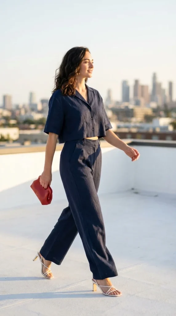 navy linen co-ord set Independence Day outfit women