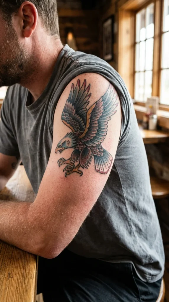 neotraditional eagle shoulder tattoo men
