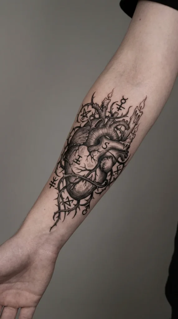 occult anatomical heart dark tattoo forearm