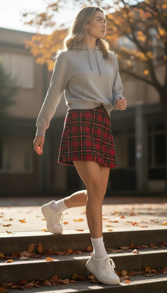 outfits skirt Y2K plaid hoodie