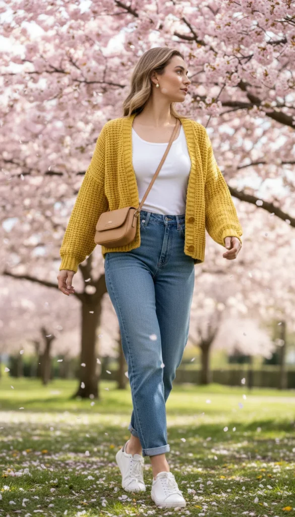 outfits spring cardigan mom jeans