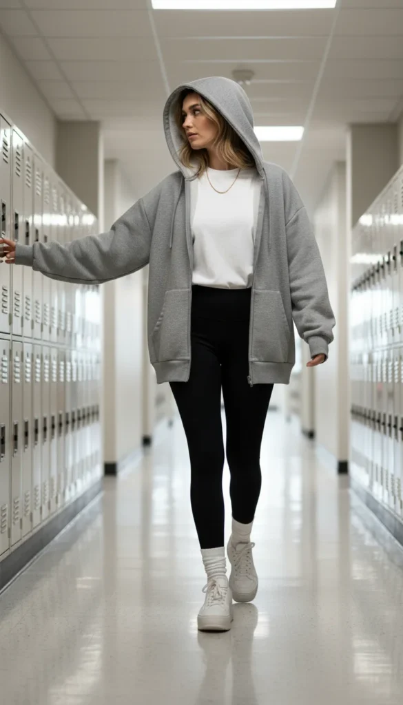 outfits with leggings school hoodie sneakers