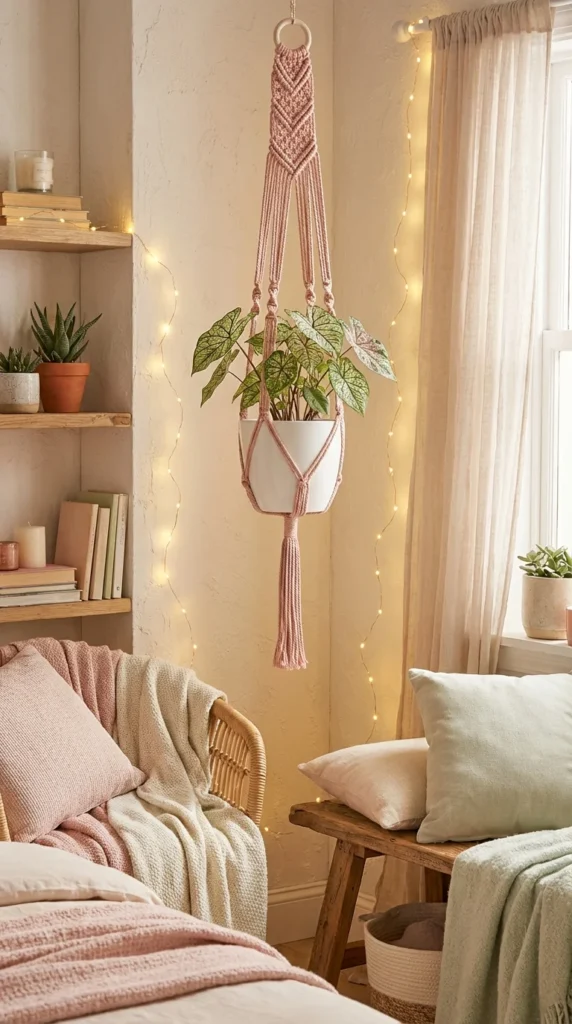 pastel crochet plant hanger bedroom