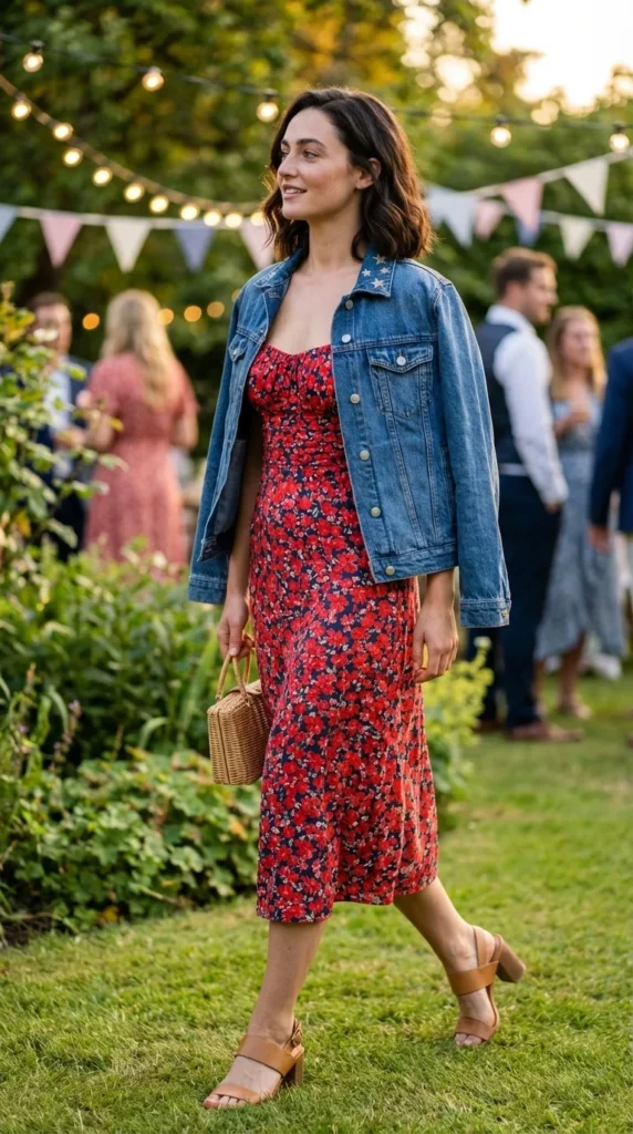 patriotic denim jacket floral sundress 4th of July