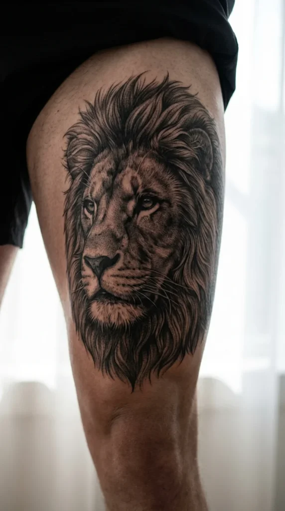 realistic lion grey tattoo