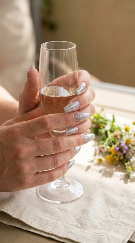 silver glitter coffin gel nails