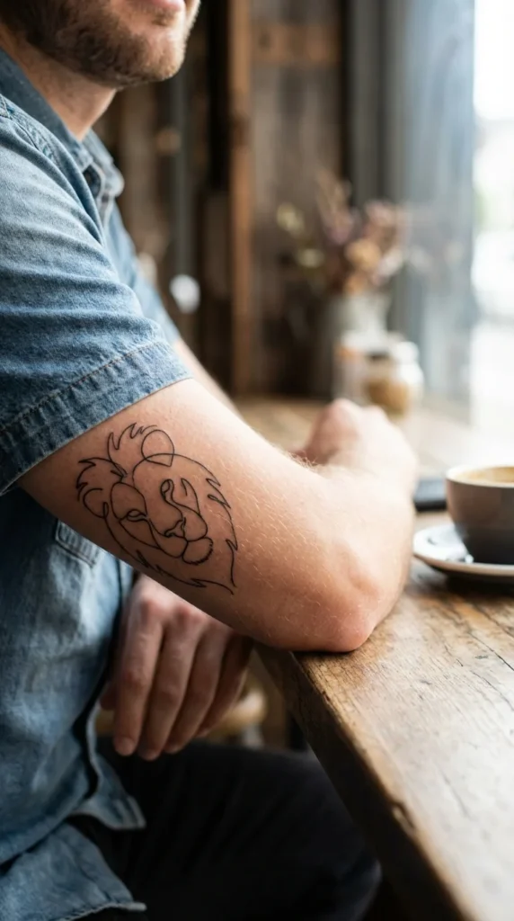 single line lion arm tattoo men