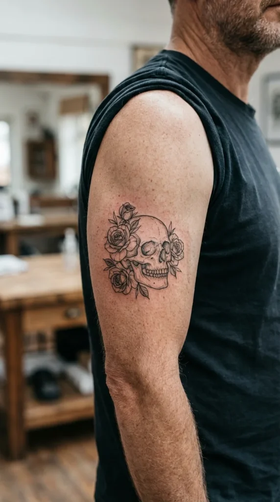 skull floral arm tattoo men