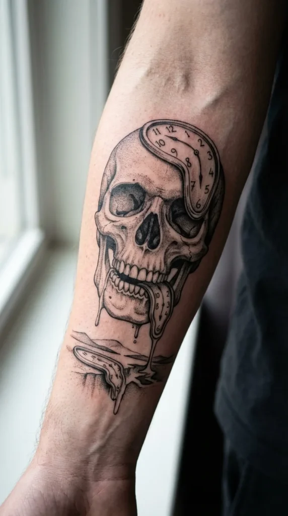 surrealist skull dark tattoo forearm