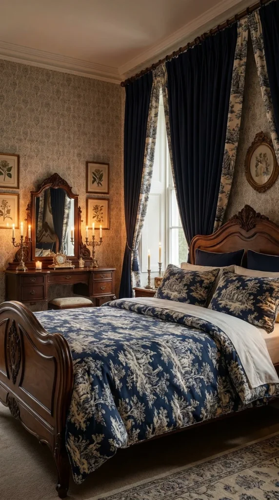 toile bedding set Victorian-inspired bedroom