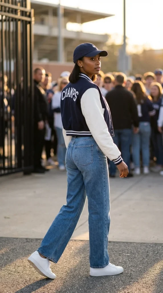varsity style outfit women baseball stadium look