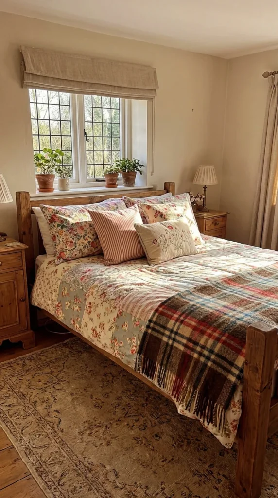 vintage floral bedding layered English cottage bedroom