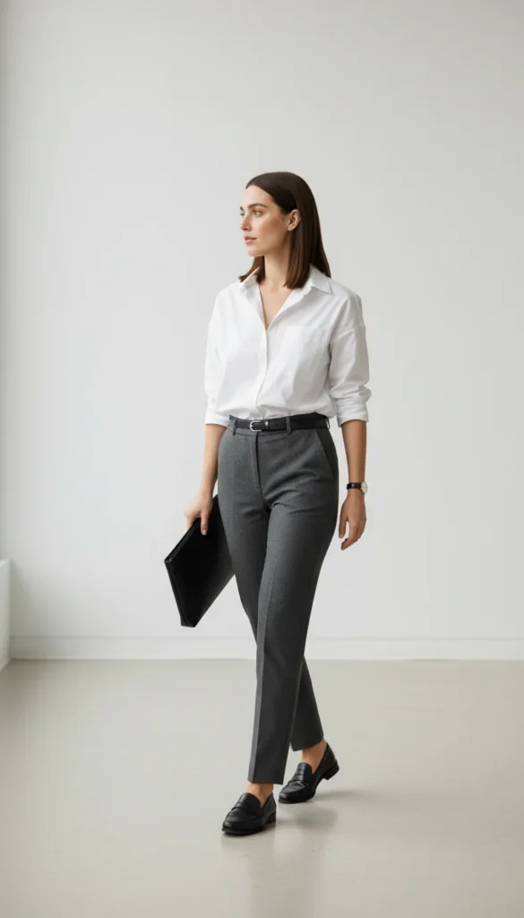 white button-down office outfit women