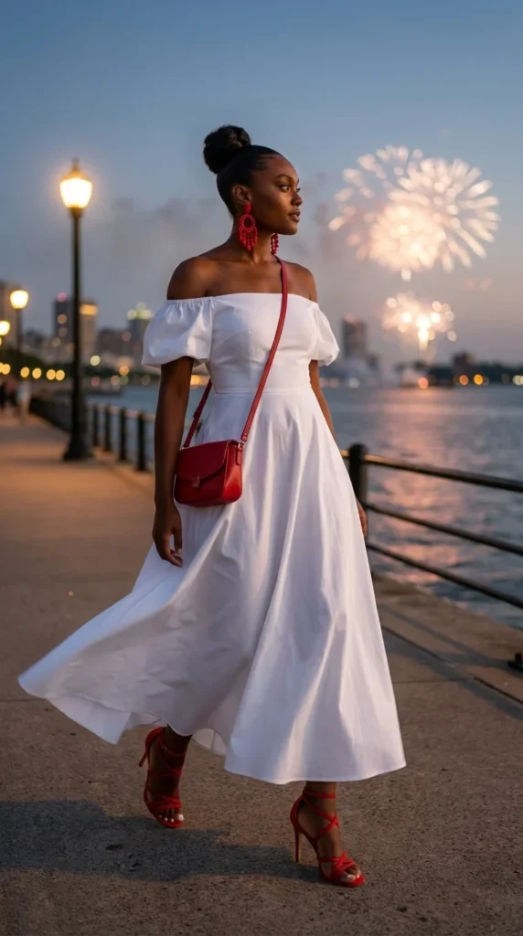 white maxi dress red accessories Black woman