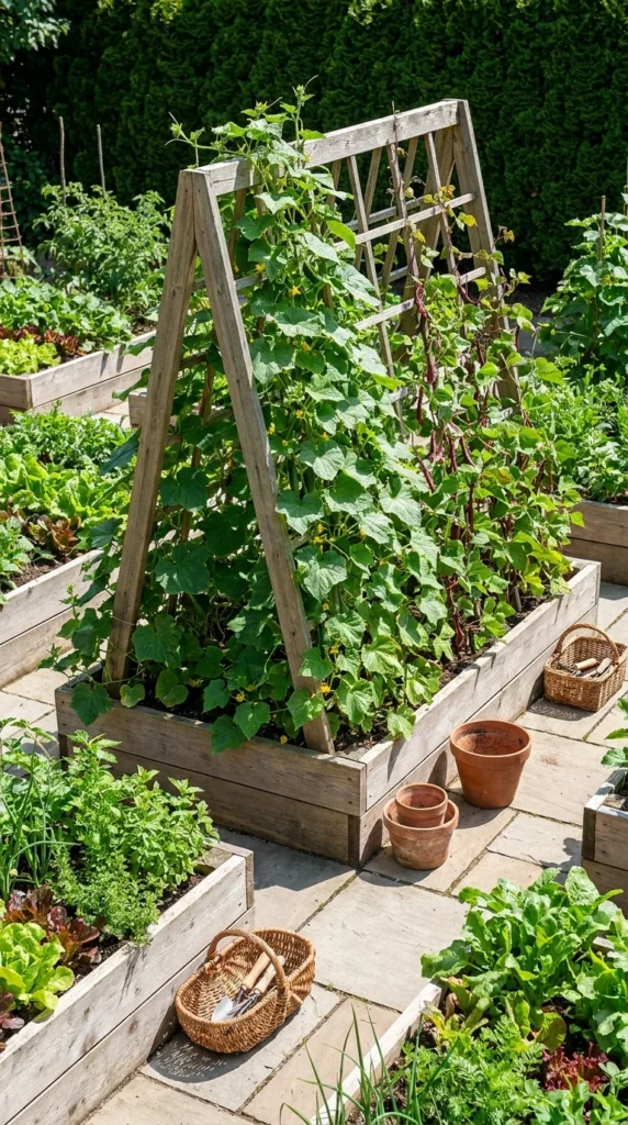 A-frame trellis cucumbers beans