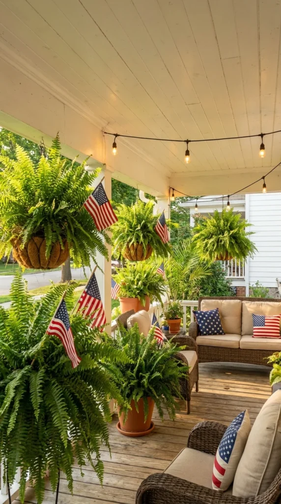 American flags tucked in porch ferns