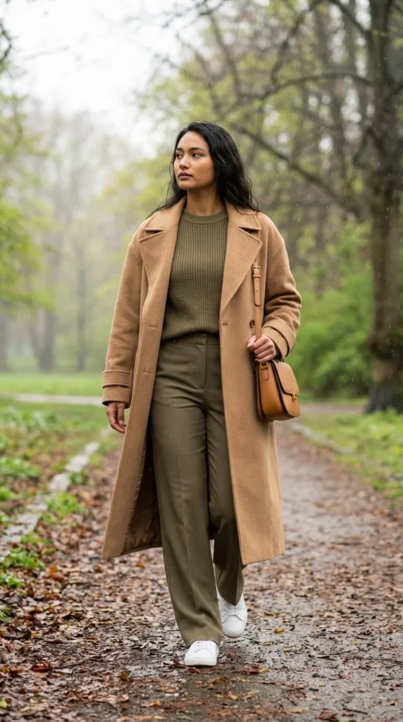April showers outfit beige trench sneakers