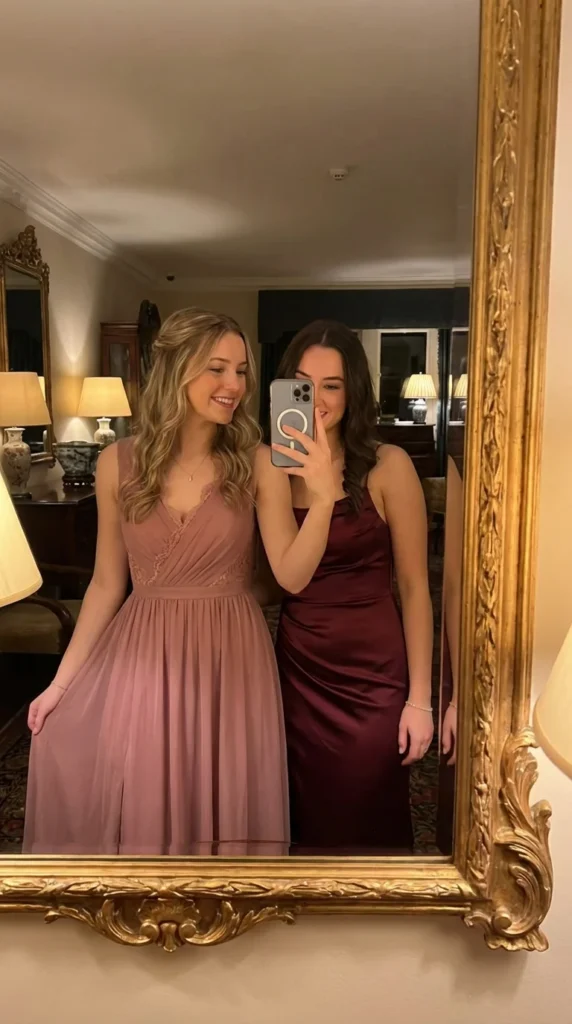 BFF prom poses mirror selfie