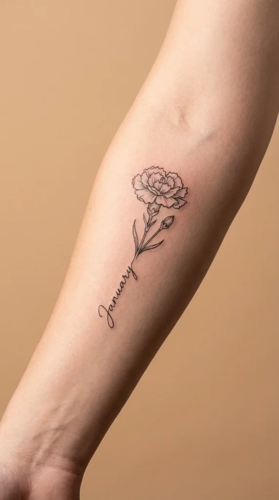 Birth flower forearm tattoo script