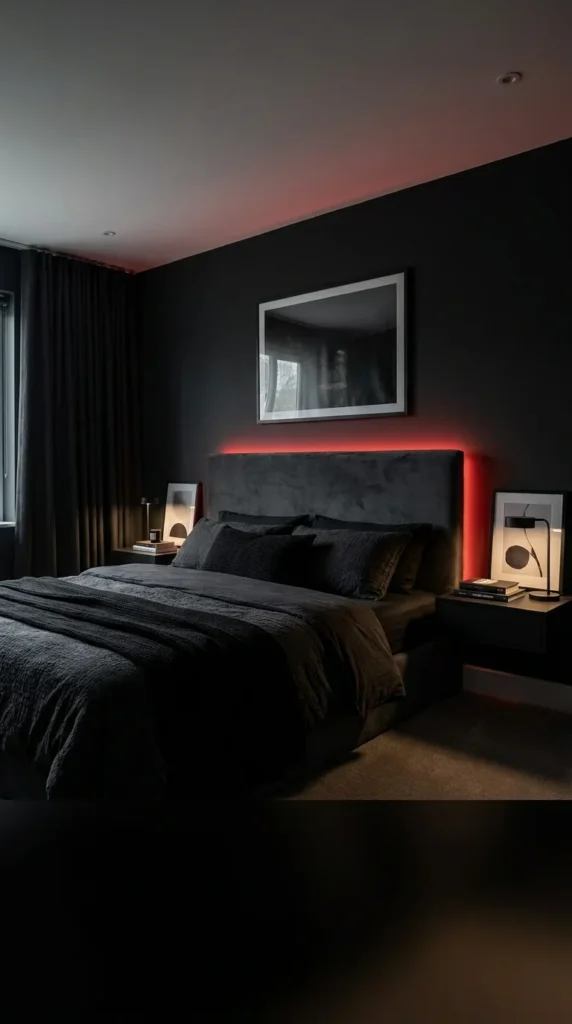 Black bedroom red LED lighting