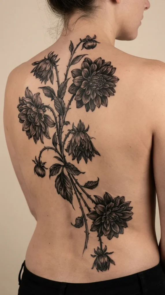 Black dahlia spine tattoo dark feminine