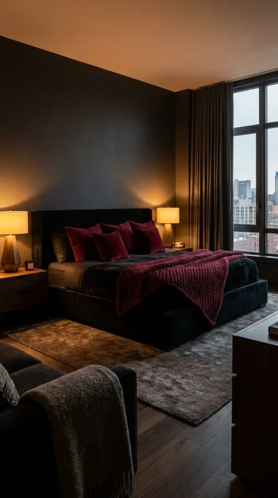 Black velvet bedroom red accents