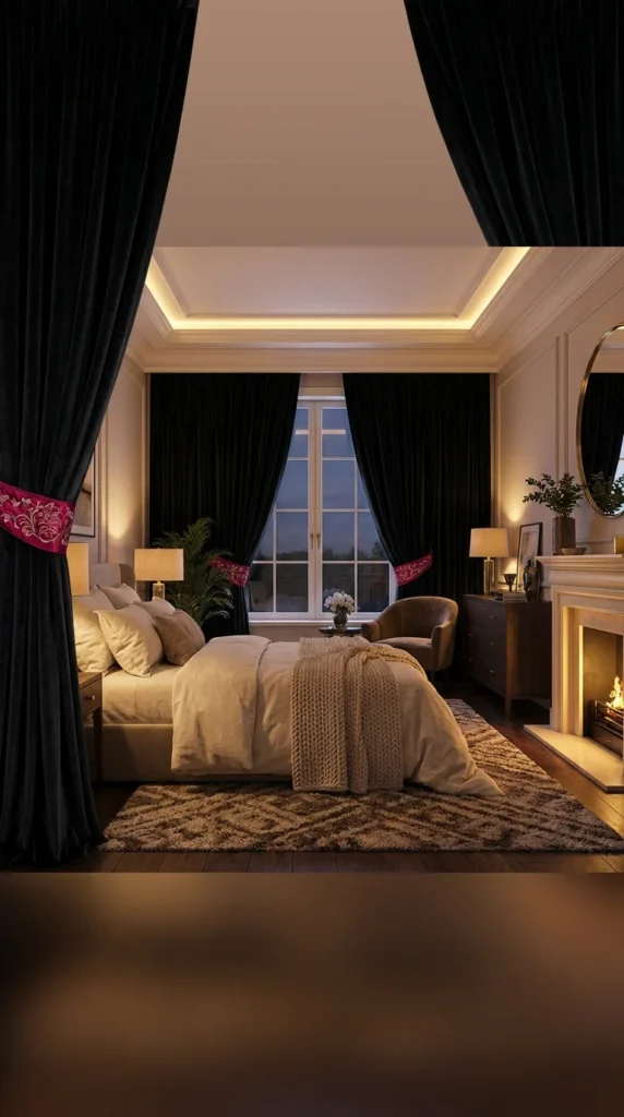 Black velvet curtains red bedroom