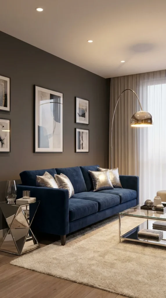 Blue couch grey walls silver accents
