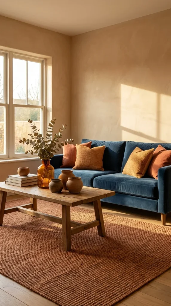 Blue velvet sofa terracotta living room