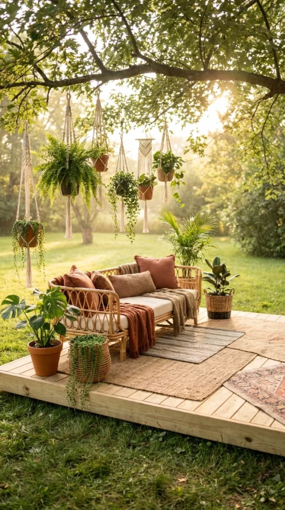 Boho floating deck ground level grass