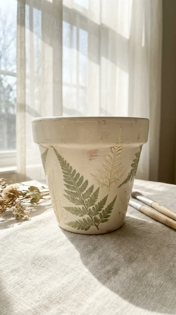 Botanical leaf print painted pot
