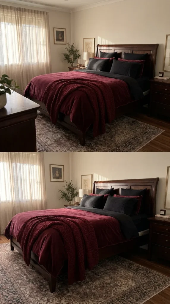 Burgundy black bedroom layered bedding
