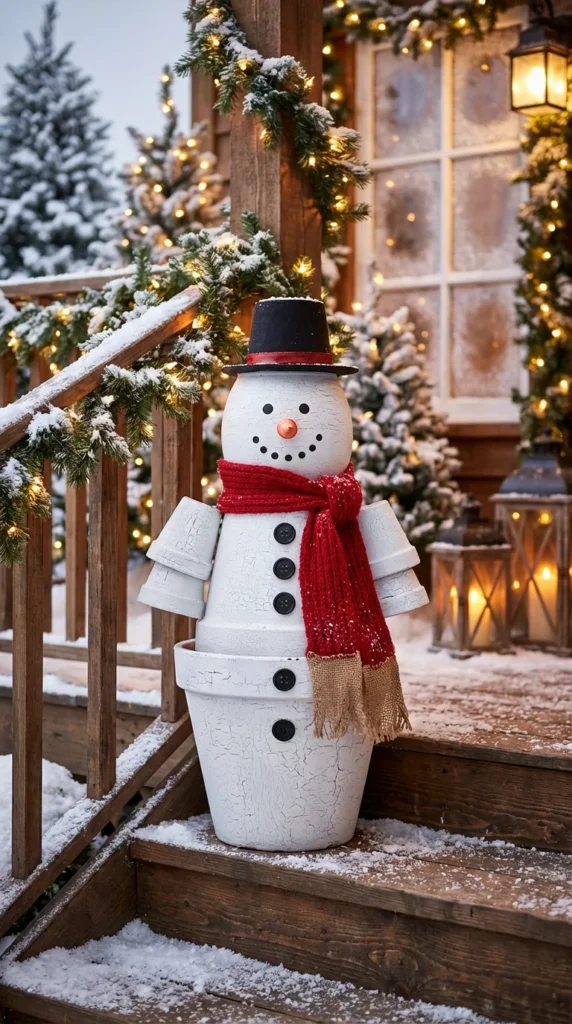 Christmas painted terracotta snowman pot
