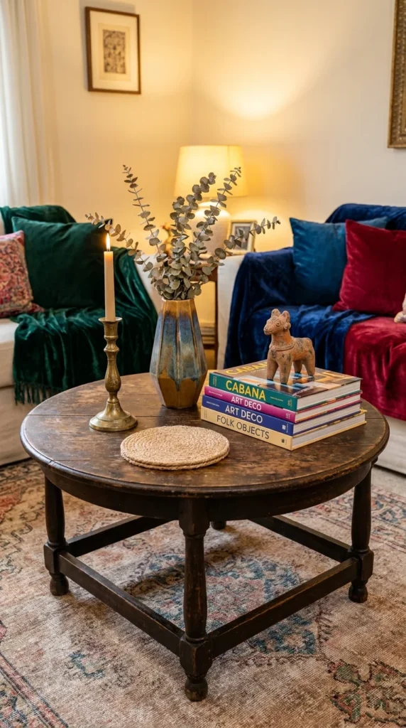 Circle coffee table centerpiece eclectic decor