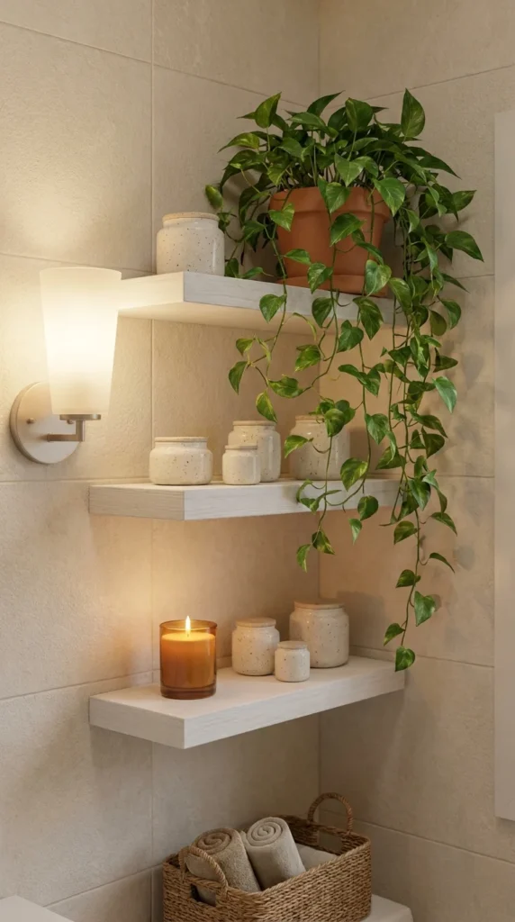 Corner floating shelves bathroom