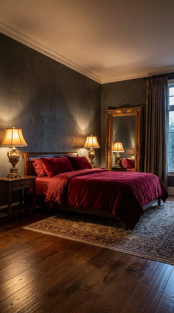 Crimson charcoal bedroom gold accents