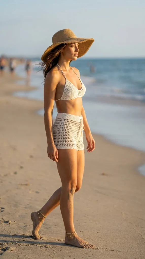 Crochet beach shorts women ivory