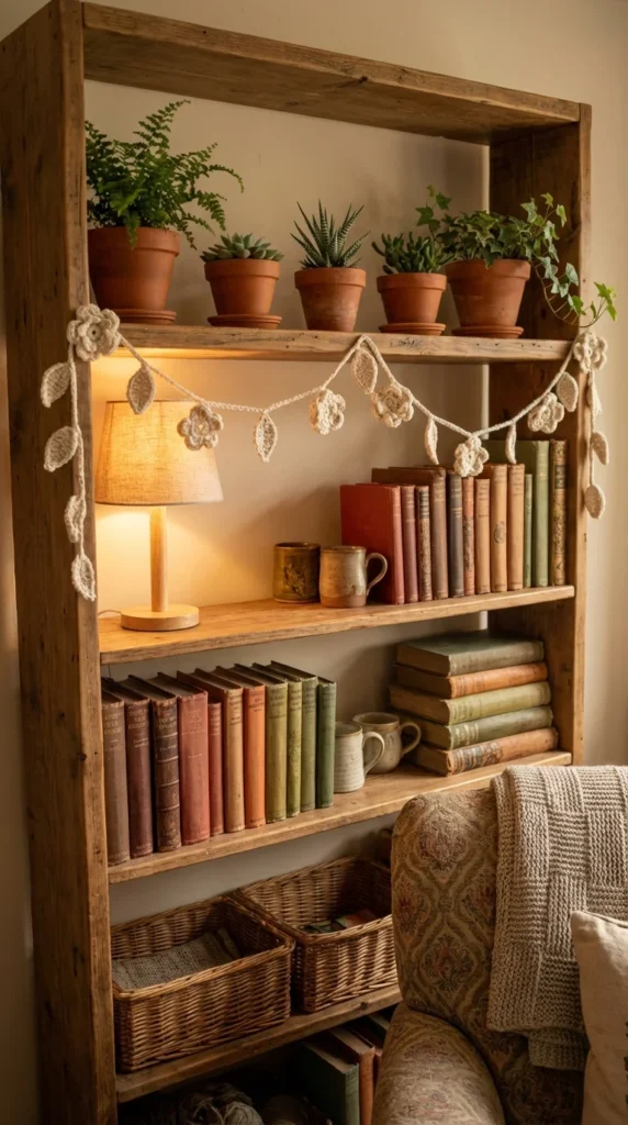 Crochet garland bookshelf decor