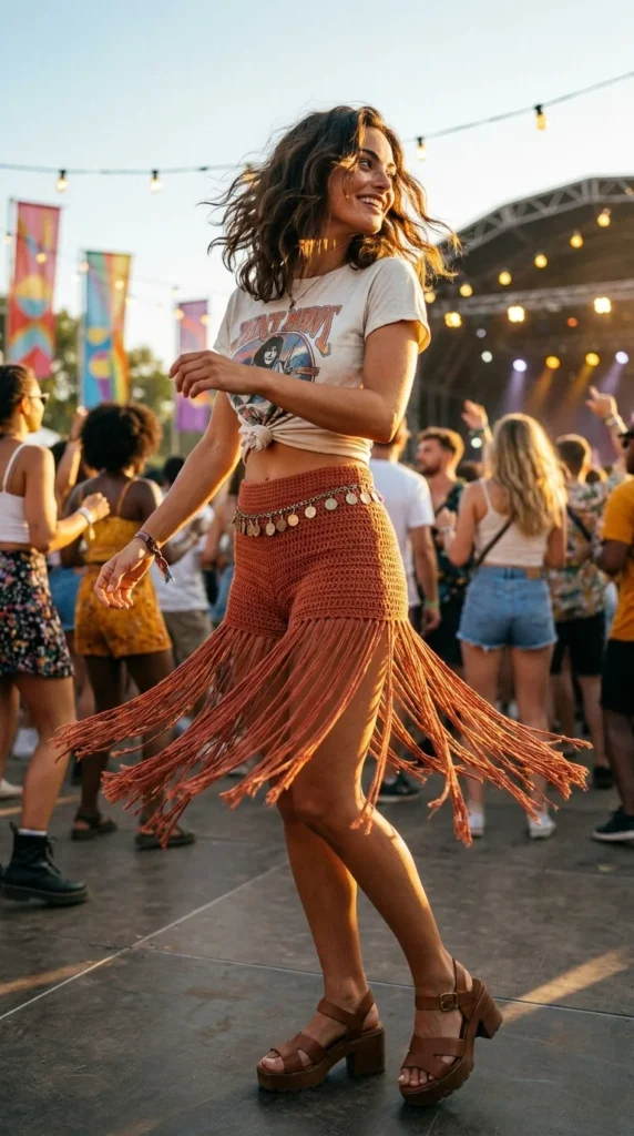 Crochet shorts festival outfit fringe