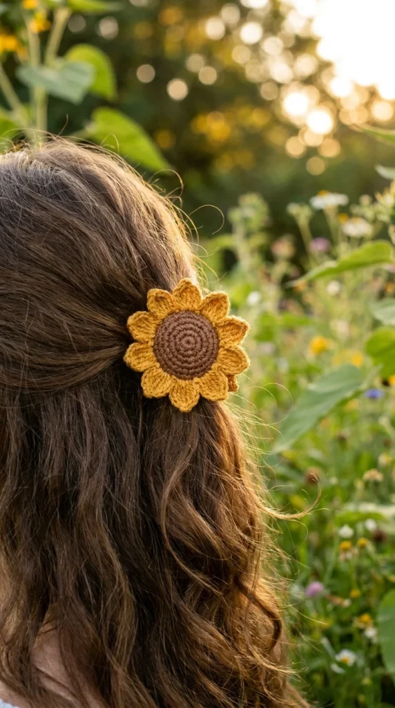 Crochet sunflower hair clip