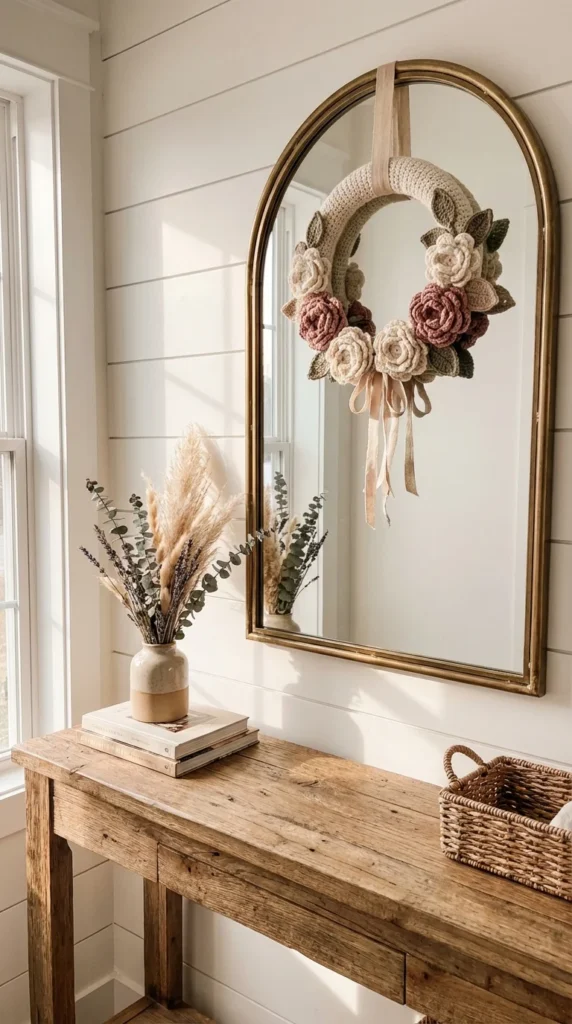 Crochet wreath decor mirror