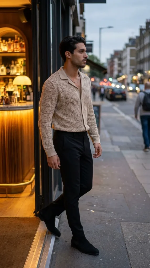 Cuban collar crochet shirt men evening