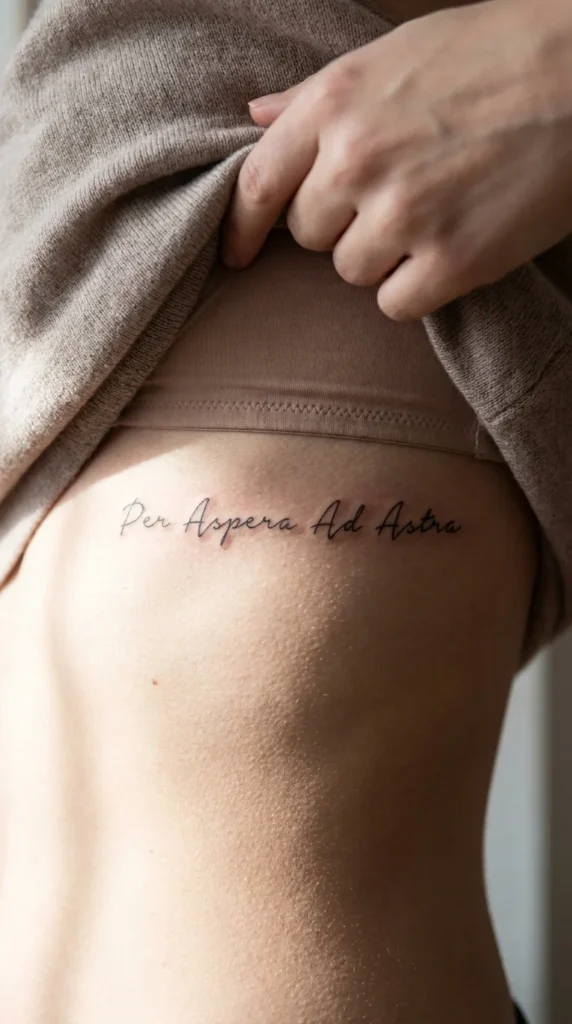 Cursive word tattoo ribs Latin